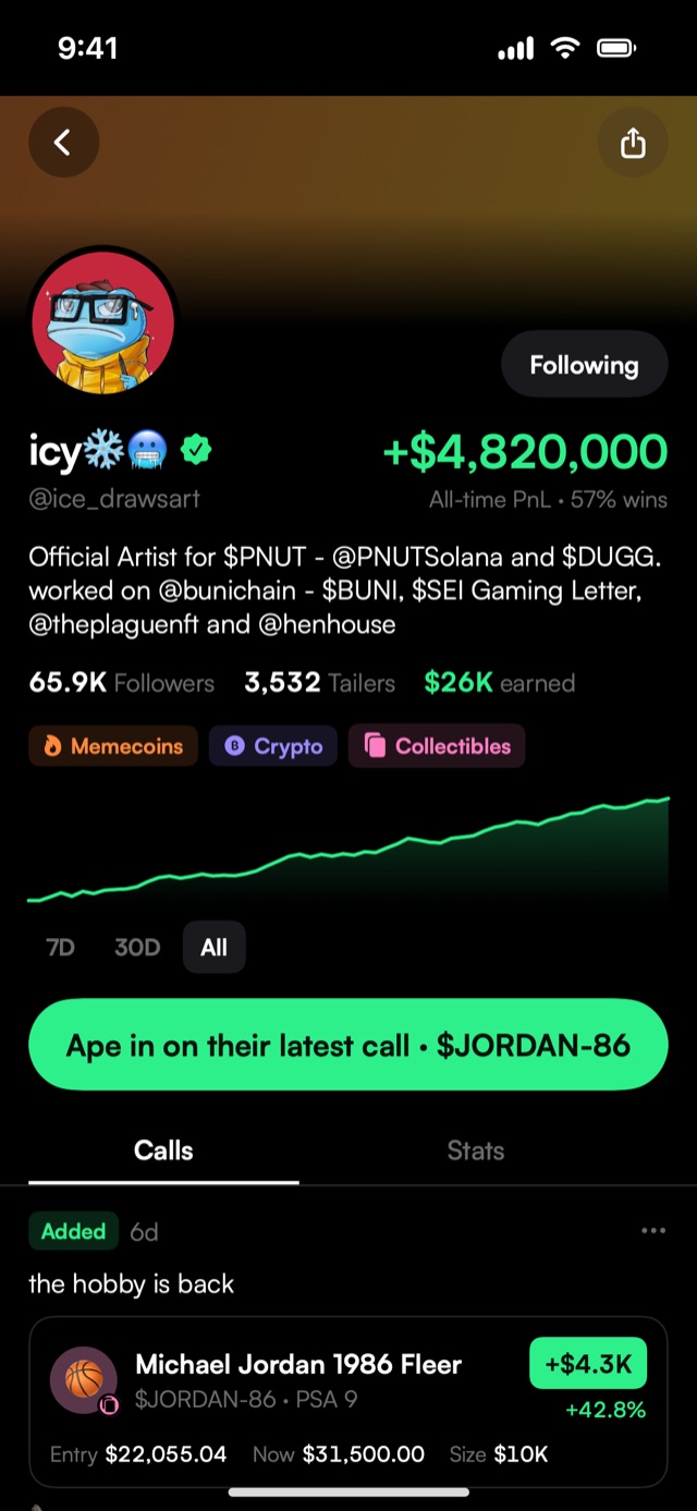 A verified trader profile with all-time PnL, followers, tailers and what they've earned